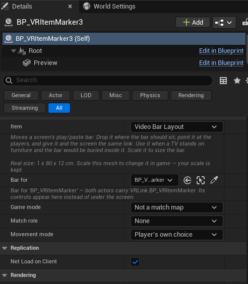 The VR Realms panel with Item set to Video Bar Layout and the Bar for row pointed at a TV