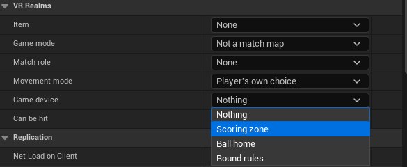 The Game device dropdown open: Nothing, Scoring zone, Ball home, Round rules