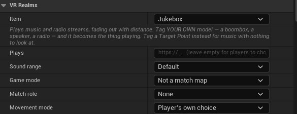 The VR Realms panel on a Target Point with Item set to Jukebox, its description, Plays and Sound range