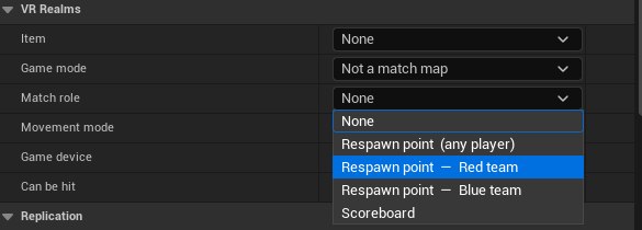 The Match role dropdown open: None, Respawn point (any player), Respawn point Red team, Respawn point Blue team, Scoreboard
