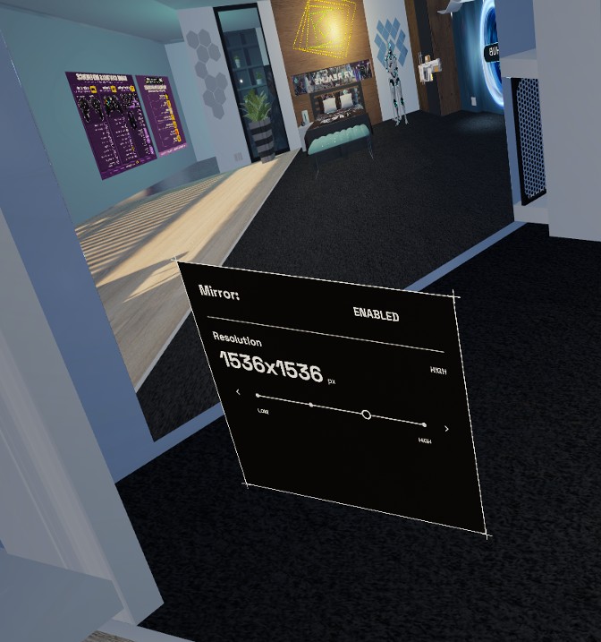 In game: the mirror's power and resolution panel floating where the marker was placed