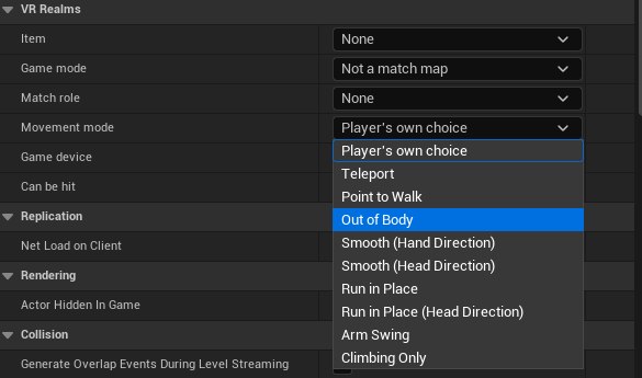 The Movement mode dropdown open, listing the locomotion styles from Player&rsquo;s own choice to Climbing Only