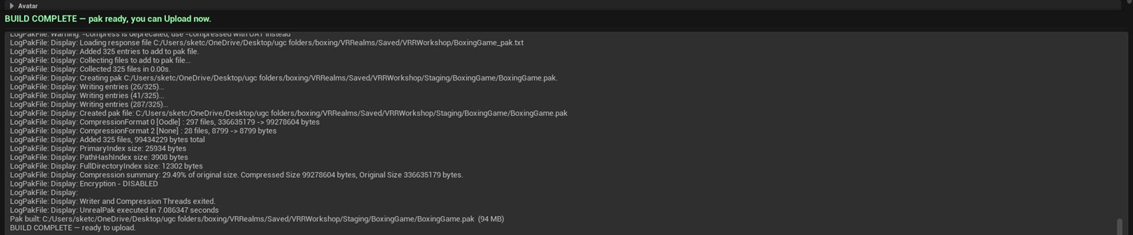 The build log showing the pak being written and BUILD COMPLETE