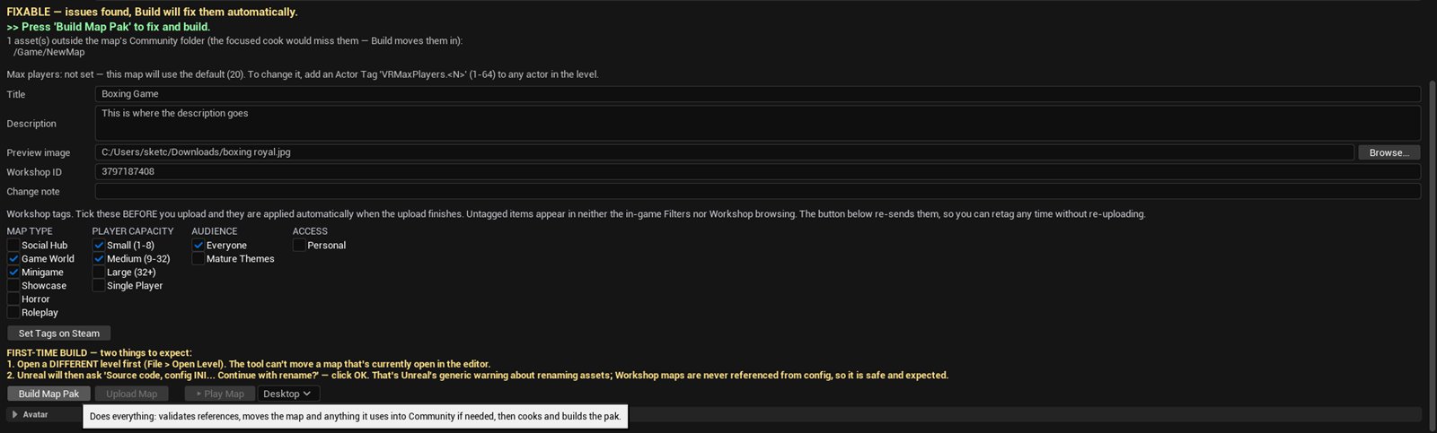 The Build Map Pak button with its tooltip open