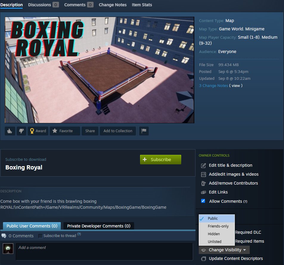 The Steam Workshop page of a map with the Change Visibility menu open under Owner Controls