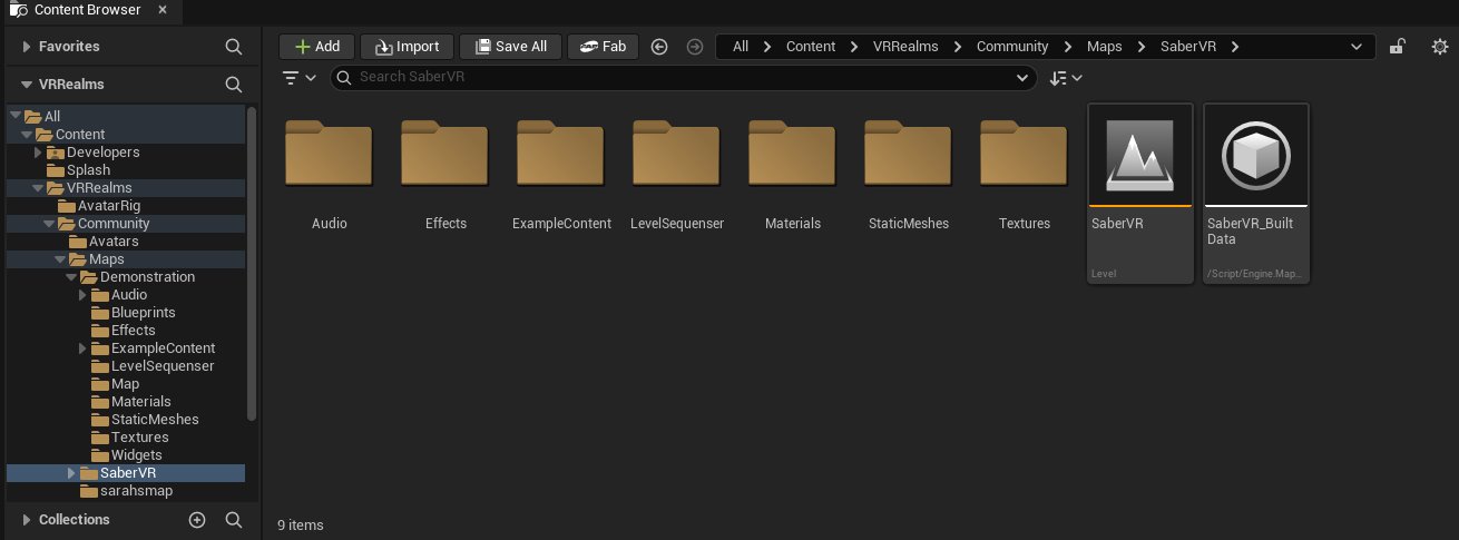 The Content Browser showing the Demonstration folder duplicated under Community/Maps, with the SaberVR level selected
