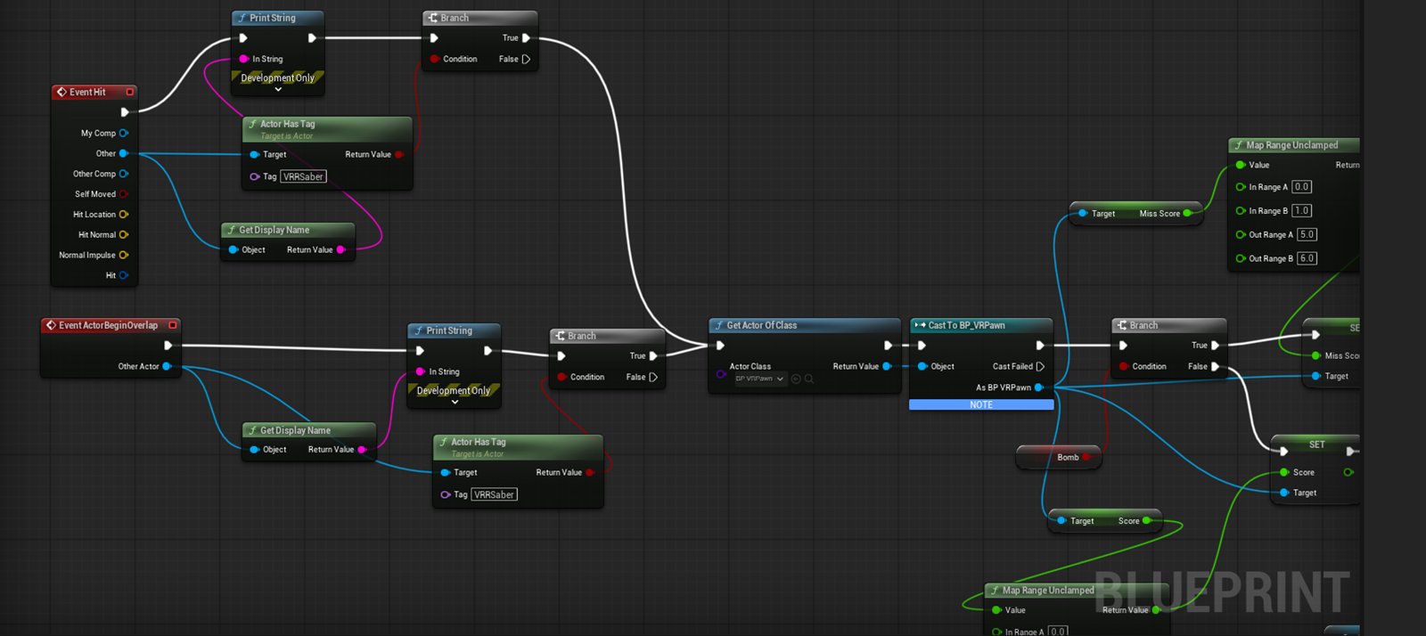 BP_Object Event Hit and ActorBeginOverlap: Print String with the display name, Actor Has Tag VRRSaber, then Get Actor Of Class, Cast and the score