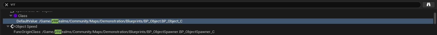 Find in Blueprints results showing default values under Game/VRRealms/Community/Maps/Demonstration