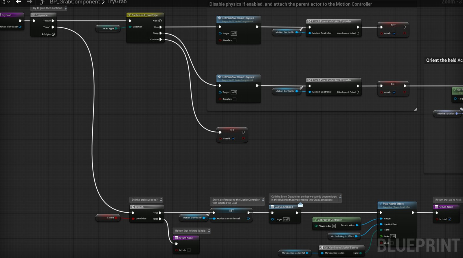 The template’s BP_GrabComponent TryGrab function: attach to motion controller, set physics, haptics, event dispatchers