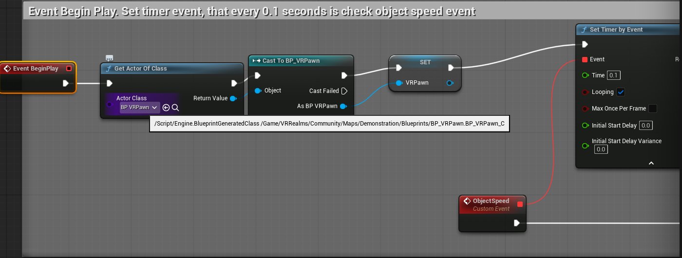 BP_ObjectSpawner Begin Play: Get Actor Of Class set to BP_VRPawn feeding Cast To BP_VRPawn, then a timer