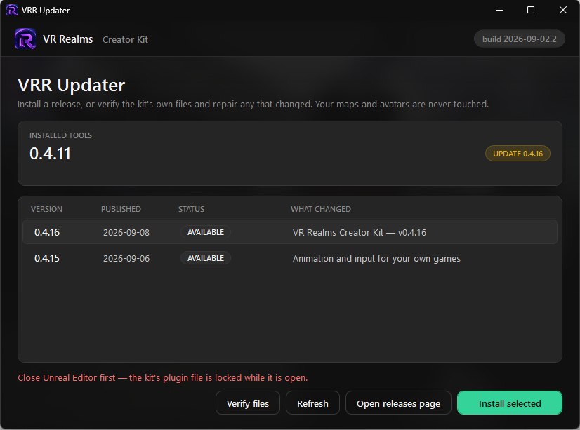 VRR Updater refusing to install with the message Close Unreal Editor first