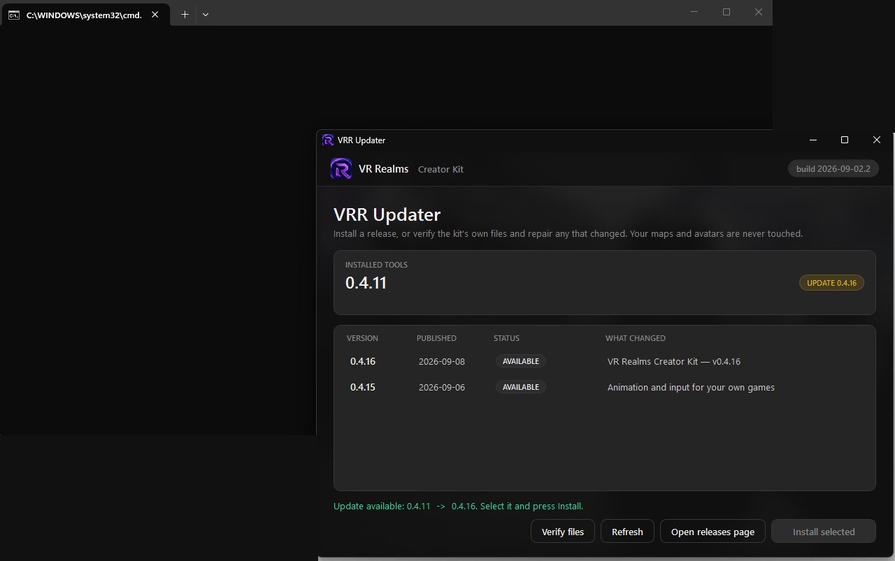 A console window behind the VRR Updater window on first launch