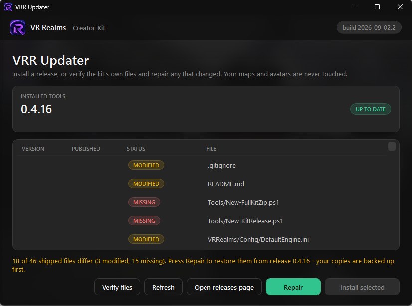 VRR Updater after Verify files with files marked MODIFIED and MISSING and a Repair button