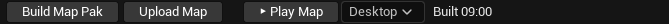 The publish panel toolbar: Build Map Pak, Upload Map, then Play Map with a Desktop dropdown and the time the pak was built